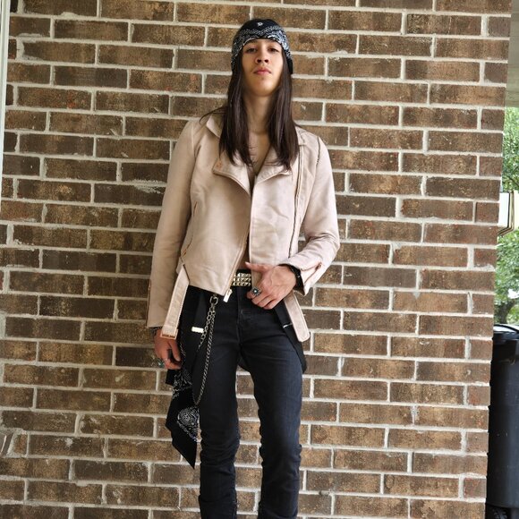 Unisex- Beige Faux Suede Biker Jacket - Picture 3 of 5